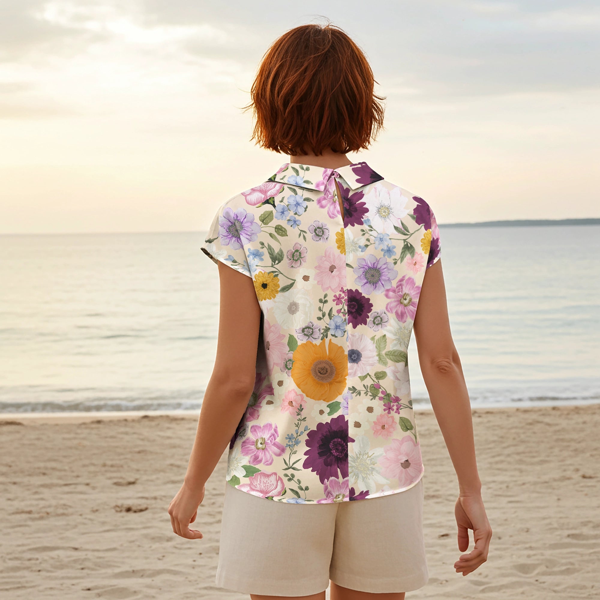 Women Casual Blouse Cap Sleeve Fold-Over Neck Button-Back 100% Lyocell Purple Aloha Powdery Purple Allure