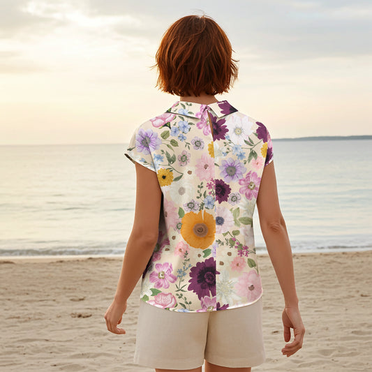 Women Casual Blouse Cap Sleeve Fold-Over Neck Button-Back 100% Lyocell Purple Aloha Powdery Purple Allure