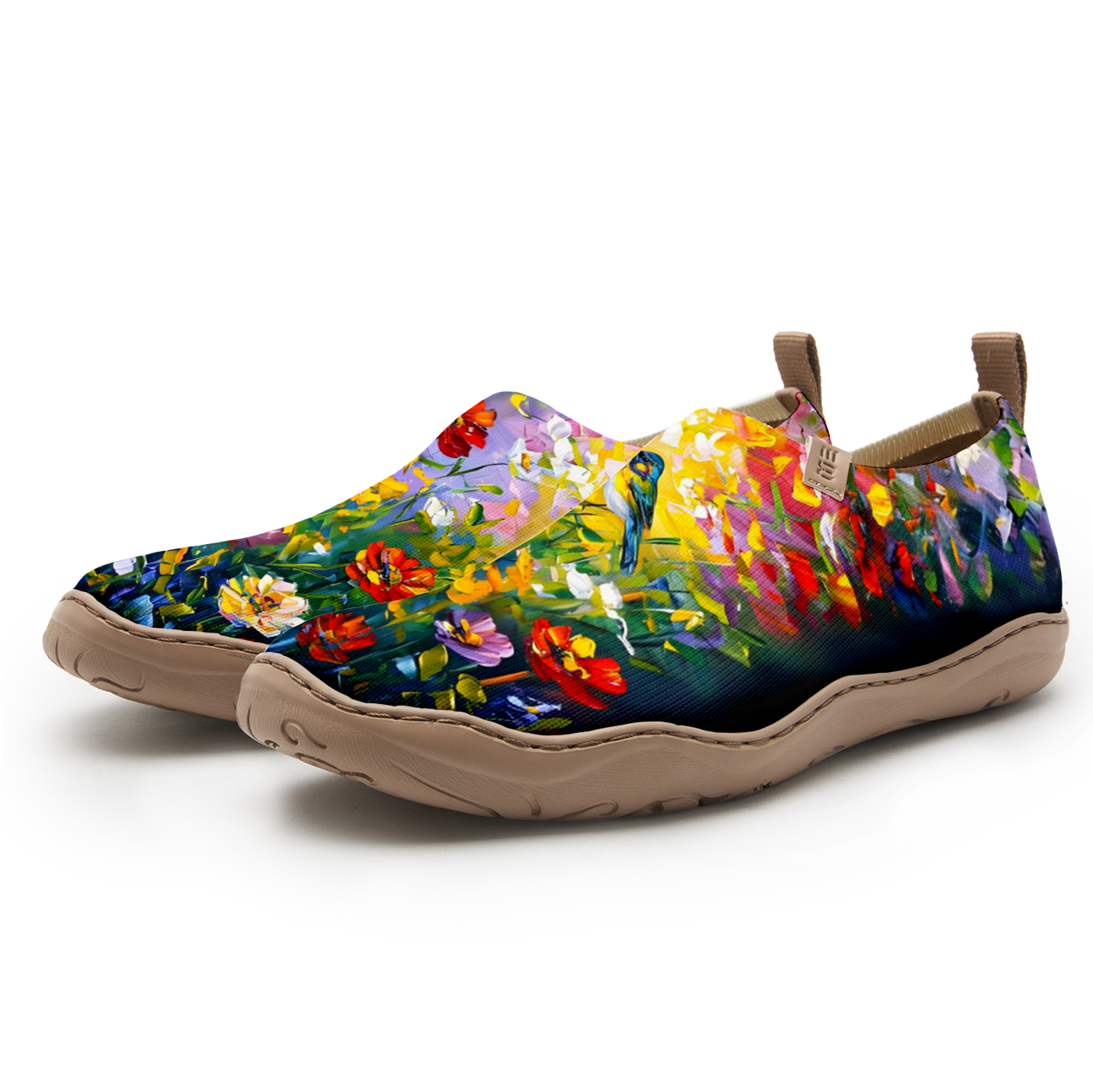 Paint d'huile oiseaux et fleurs chaussures de femmes bleues chaussures bleues florales