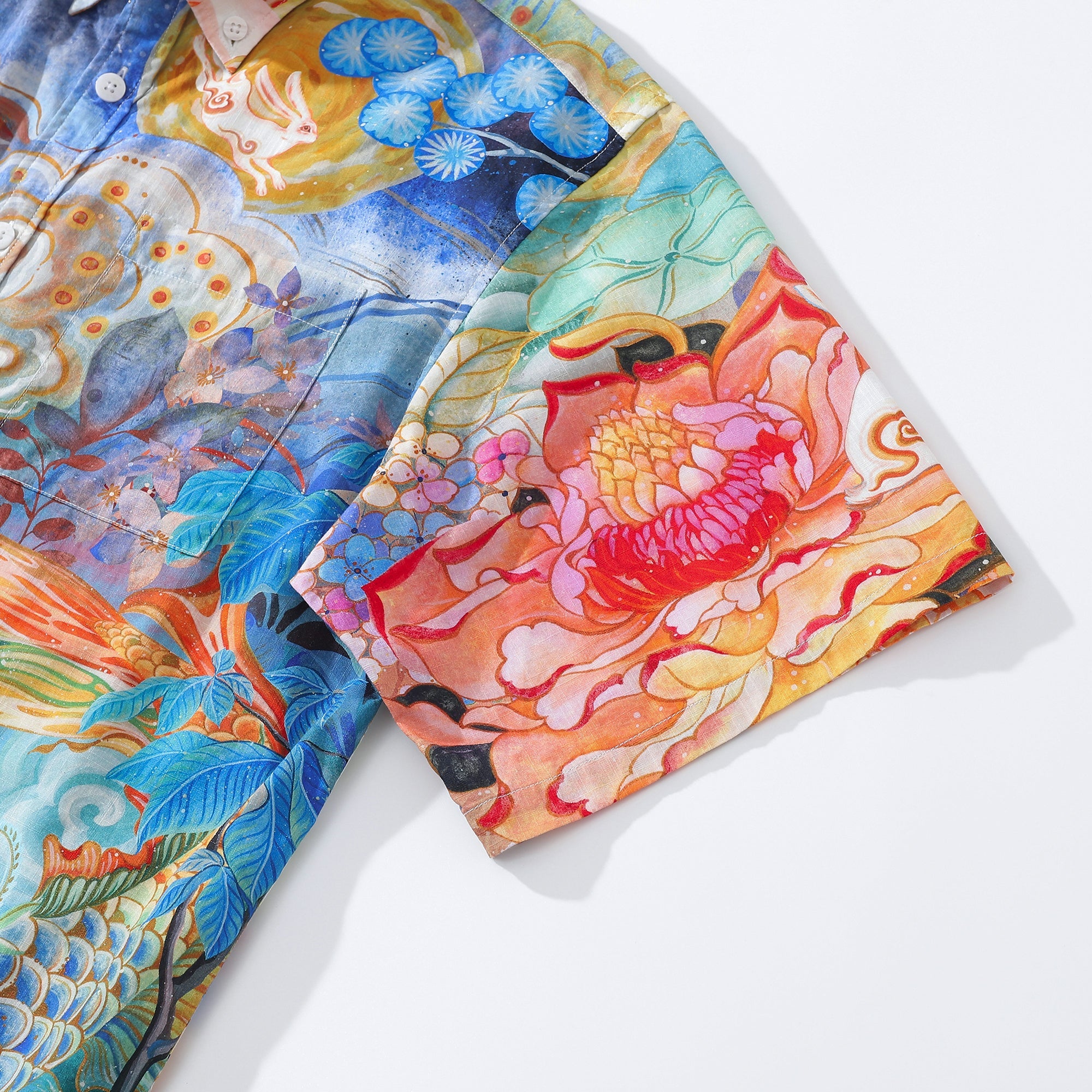 Yiume Men's Designer Hawaiian Shirt Cloud-wandering Koi Print Cotton Blue Aloha Shirt