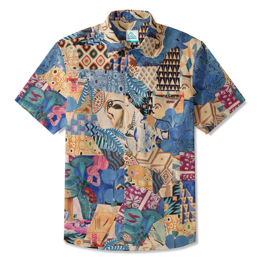 Men's blue aloha art shirt, short sleeve, button-up
