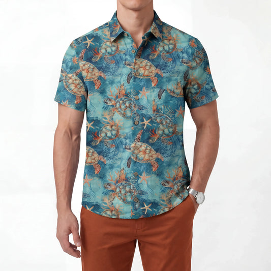 Blue Hawaiian shirt with sea turtle and coral pattern