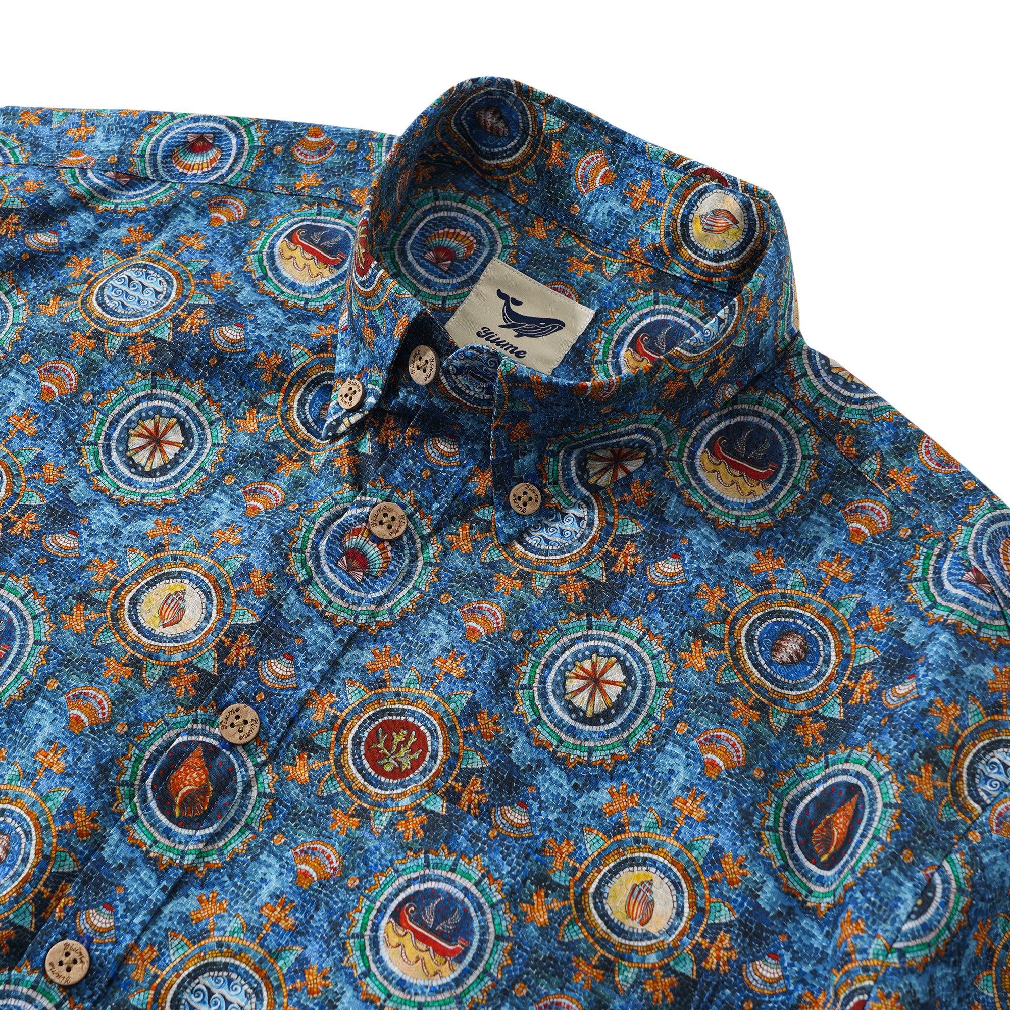 Herren-Hawaiian-Hemd Kurzärmel Button 100% Baumwollblau Aloha Shell Mosaic