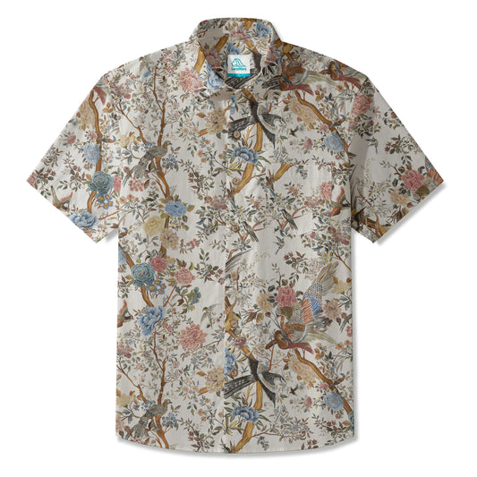 LeosWare® Men's Hawaiian Shirt Short Sleeve Button-up 100% Cotton Gray Aloha Ancient Charm Of Flowers And Birds