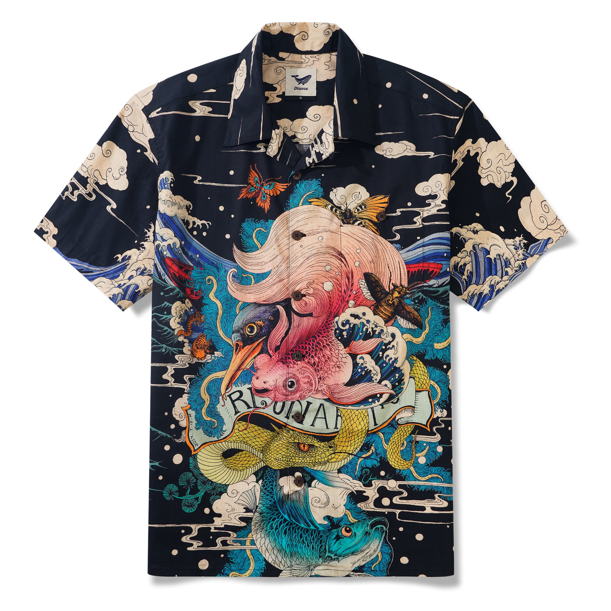 Herren Hawaiian Shirt Kurzarm Camp Kragen 100% Baumwolle Schwarz Aloha Ukiyo Nr. 3 von Rlon