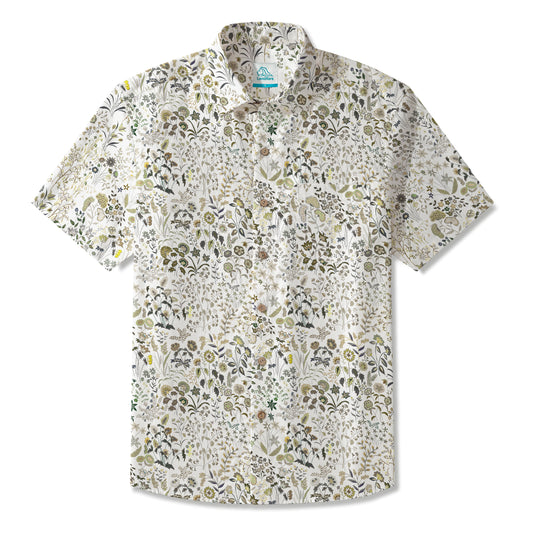 LeosWare® Men's Hawaiian Shirt Short Sleeve Button-up 100% Cotton Gray Aloha Vintage Wildflowers