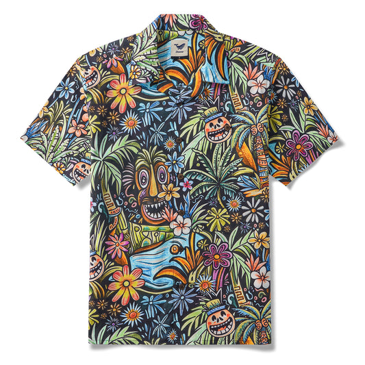 Tropical Tiki Hawaiian Shirt 100% Cotton Men's Short Sleeve Camp Collar Aloha Shirt Joyful Tiki Oasis