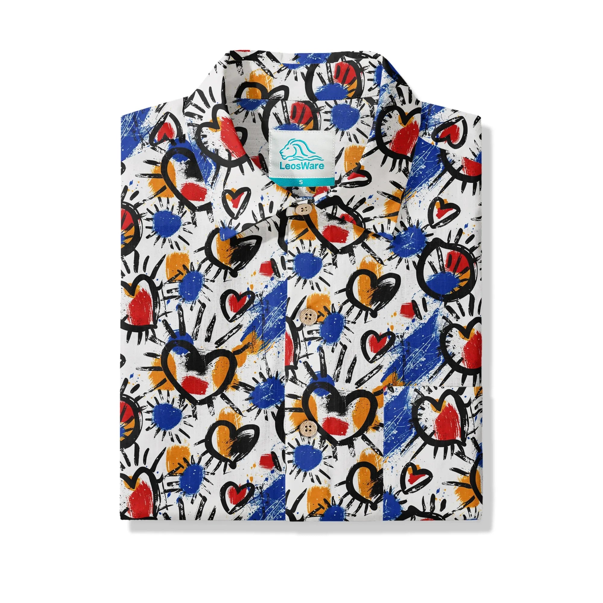 Men's button-up shirt with vibrant heart design, vacation wear