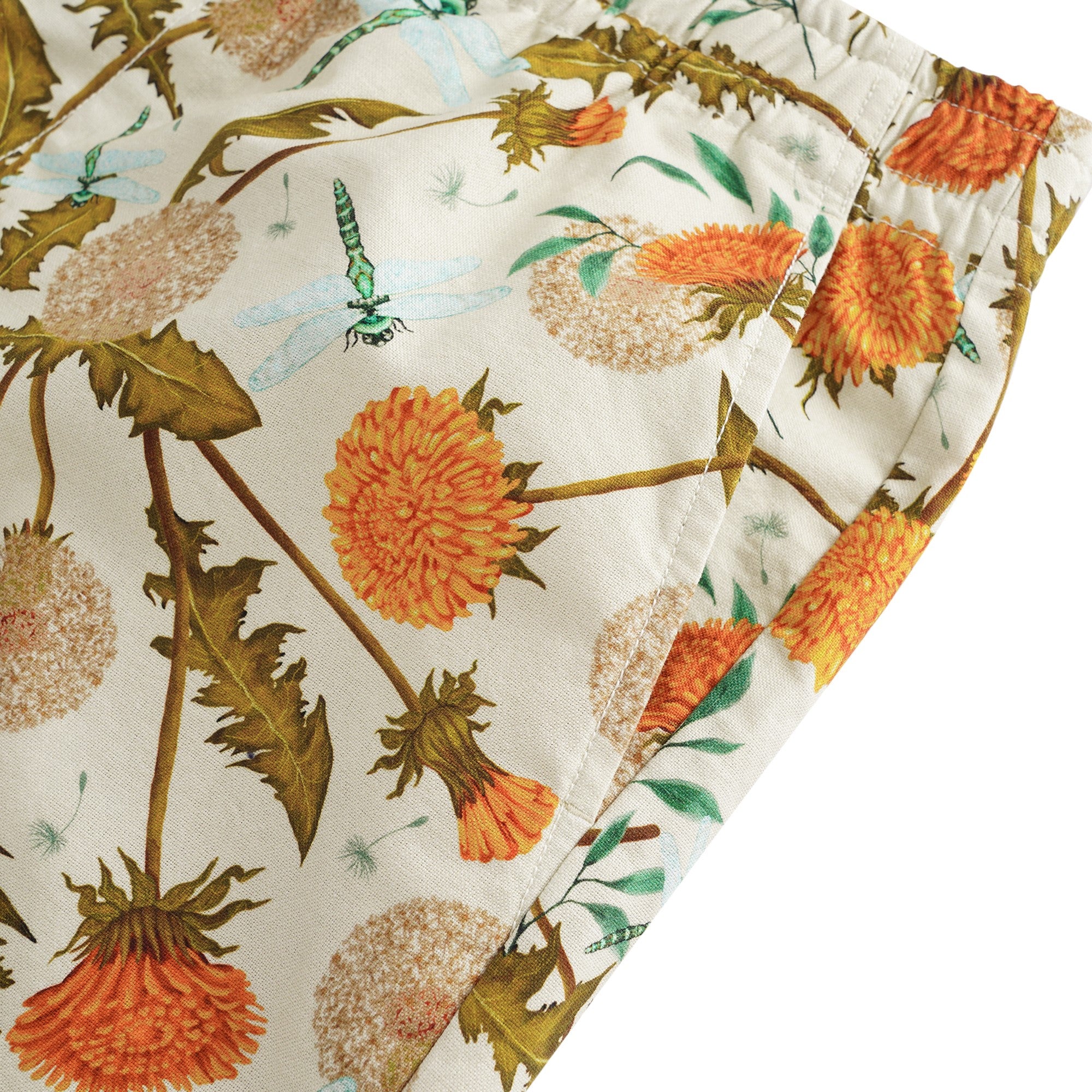 Men's Printed Floral Drawstring 100% Cotton Yellow Aloha Dandelions And Dragonflies By Silver Steer Design