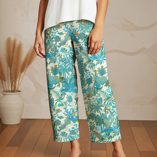 Women Casual Ankle Pants Lounge Elastic Waist with Pockets 93% Lyocell, 7% Linen Blue Aloha Fantasy Paradise
