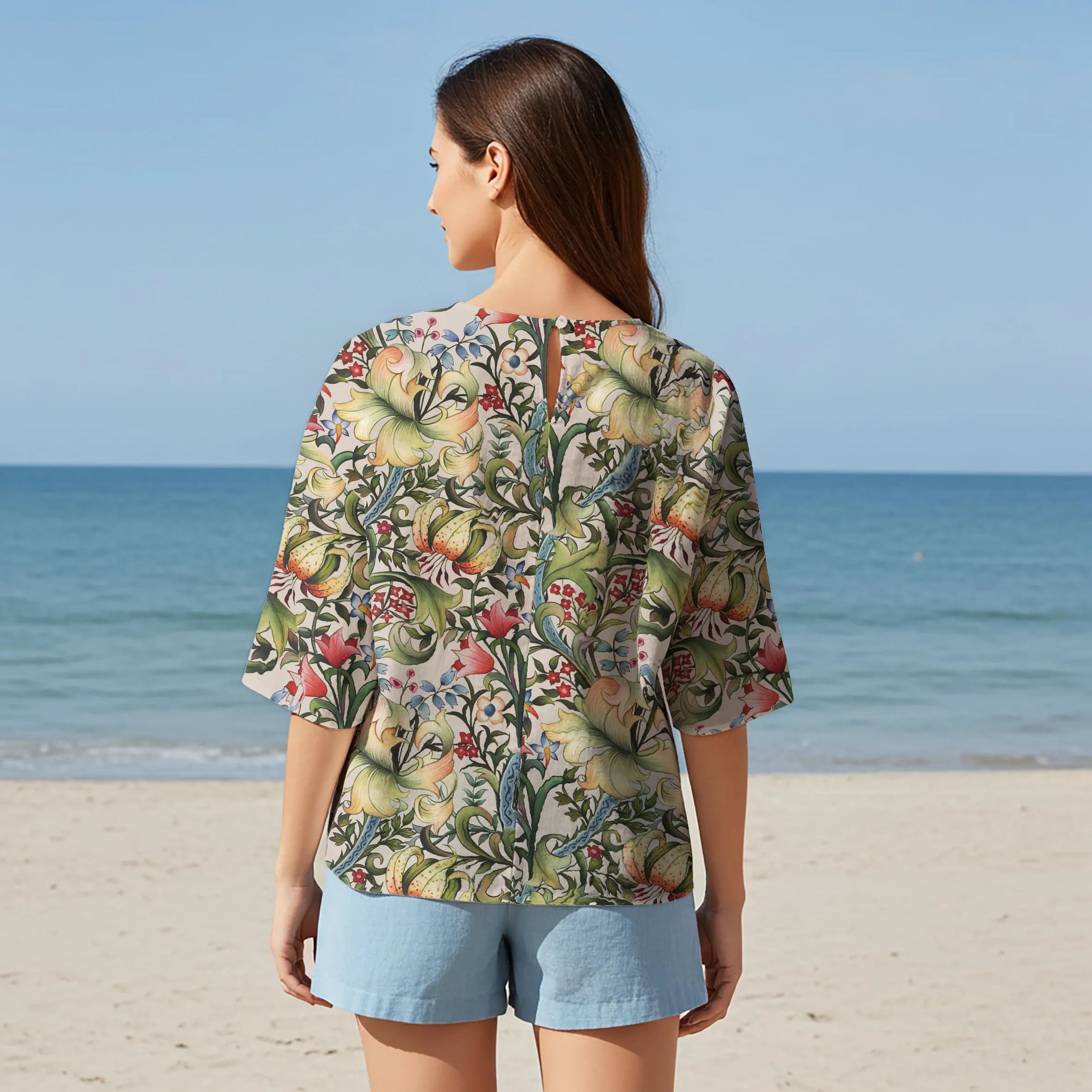 Women Casual Blouse Elbow Sleeve Round Neck Button-Back 95% Lyocell, 5% Linen Green Aloha Classic Floral Fantasy