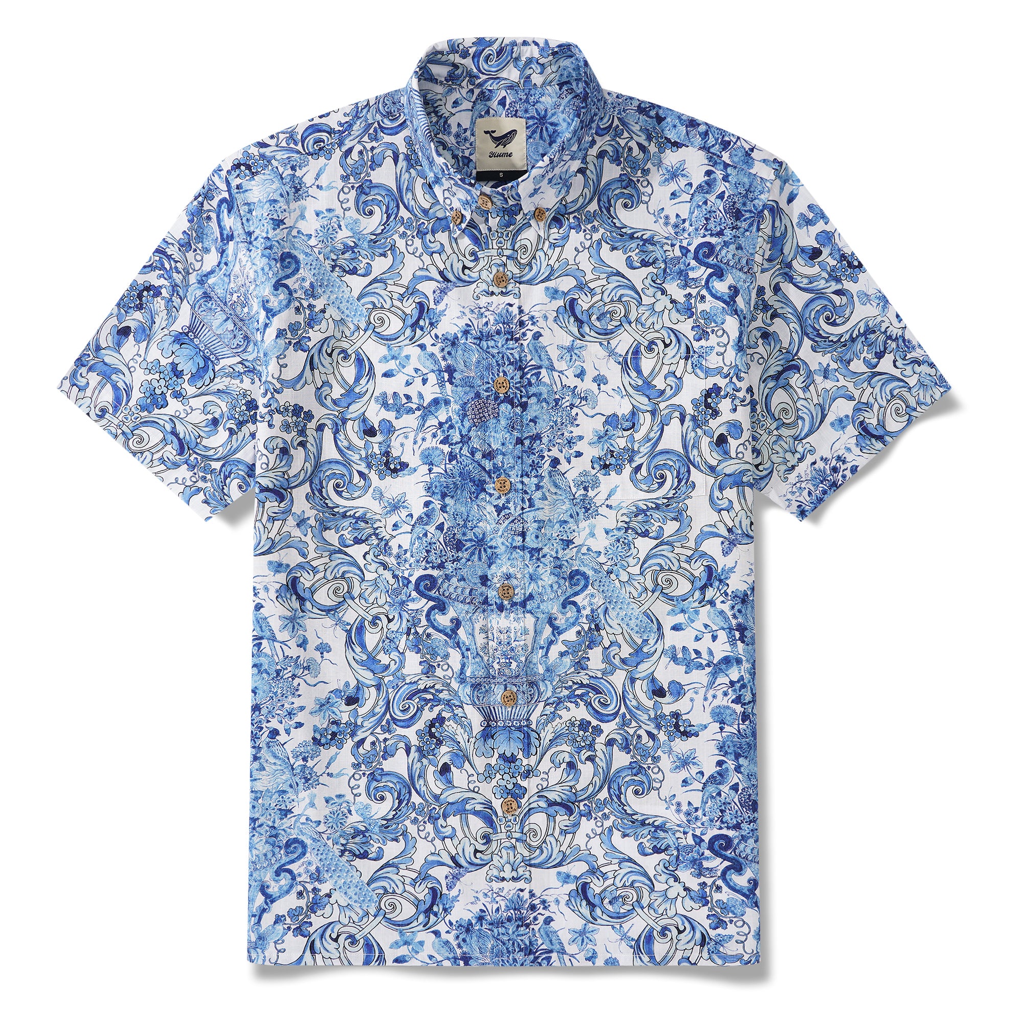 Chemise hawaïenne masculine à manches courtes à manches courtes 100% coton bleu Aloha Floral Whisper