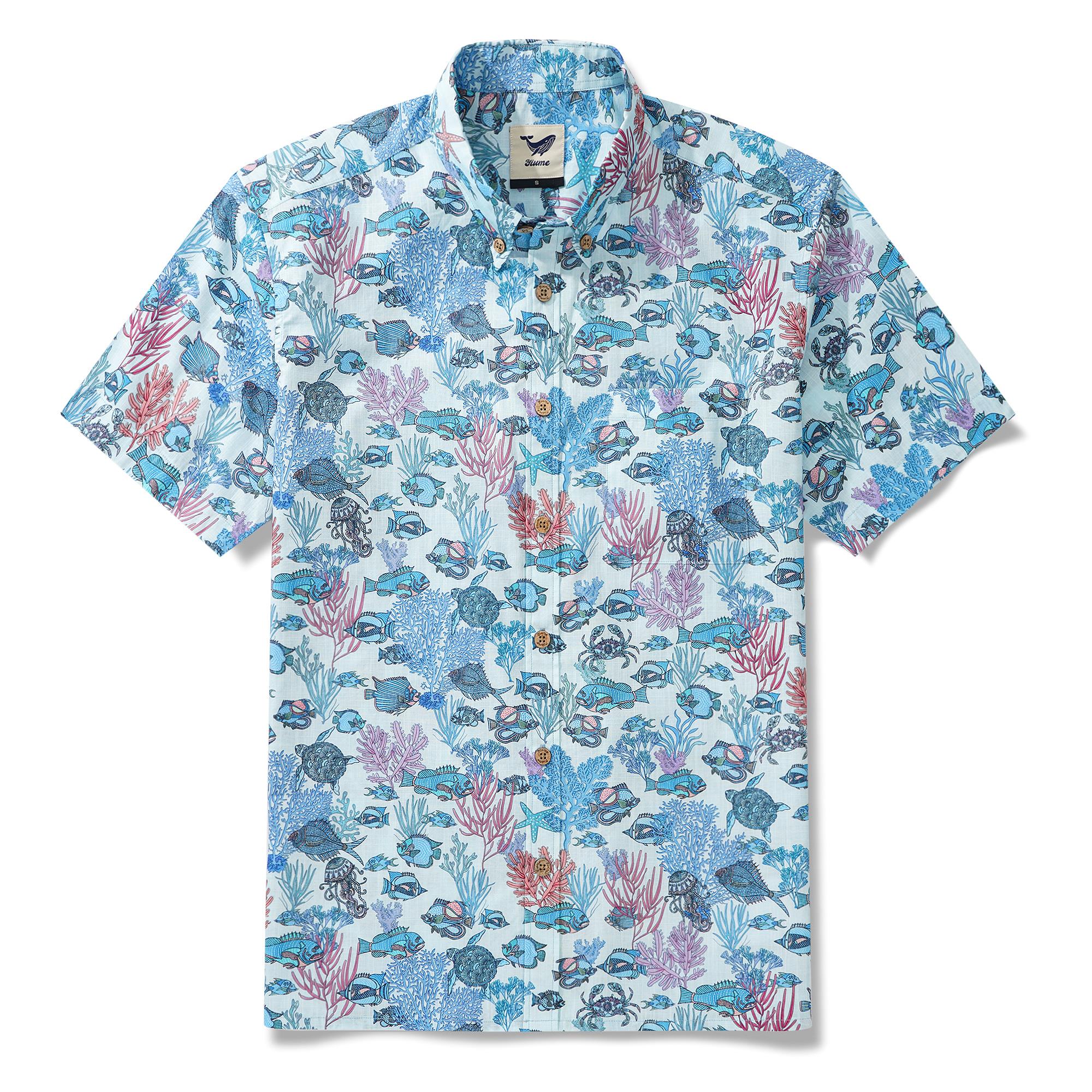 Blue Hawaiian Shirt for Men Fish Shirt à manches courtes à manches courtes 100% coton Blue balas Boho