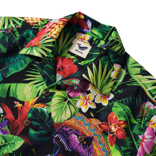 Men's Hawaiian Shirt Short Sleeve Camp Collar 100% Cotton Purple Aloha Jungle Dinosaur Party Time