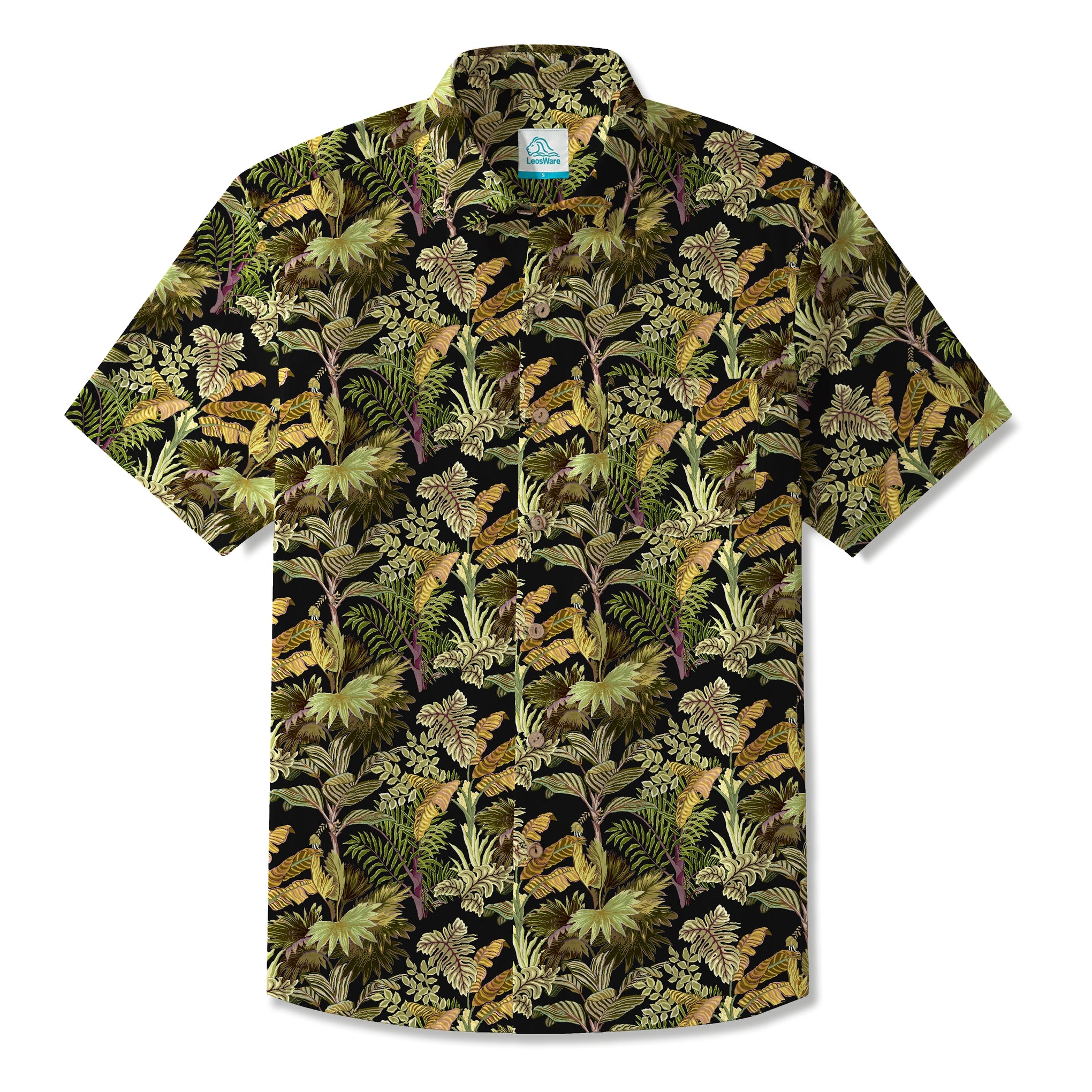 LeosWare® Men's Hawaiian Shirt Short Sleeve Button-up 100% Cotton Green Aloha Jungle Black Leaf