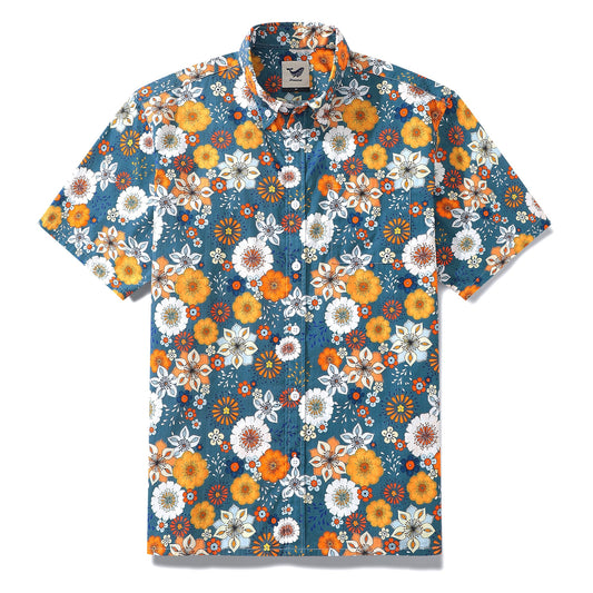 1960s Floral Hawaiian Shirt For Men Colorful Short Sleeve Button-down Cotton Aloha Shirt