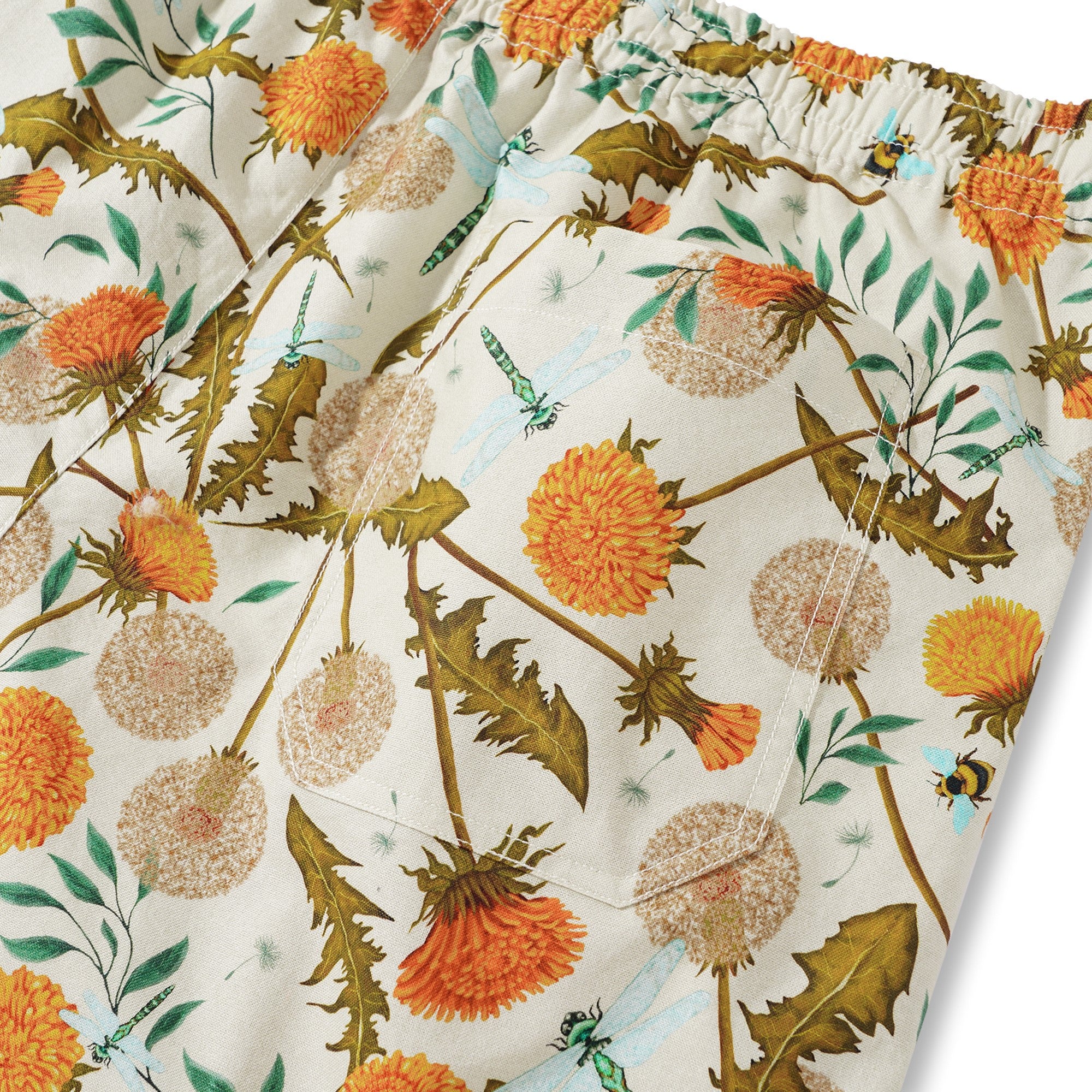 Men's Printed Floral Drawstring 100% Cotton Yellow Aloha Dandelions And Dragonflies By Silver Steer Design