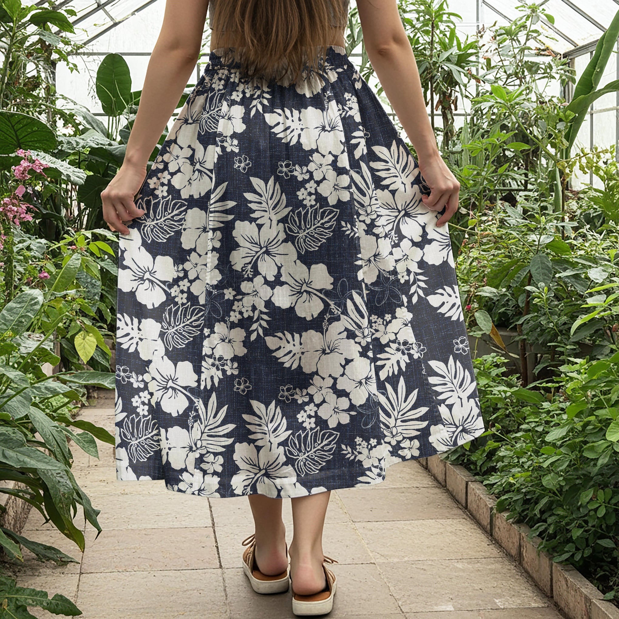 Women Casual Maxi Skirt Long Elastic Waist 100% Cotton Blue Aloha Tropical Hibiscus Charm