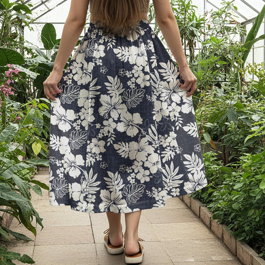 Women Casual Maxi Skirt Long Elastic Waist 100% Cotton Blue Aloha Tropical Hibiscus Charm