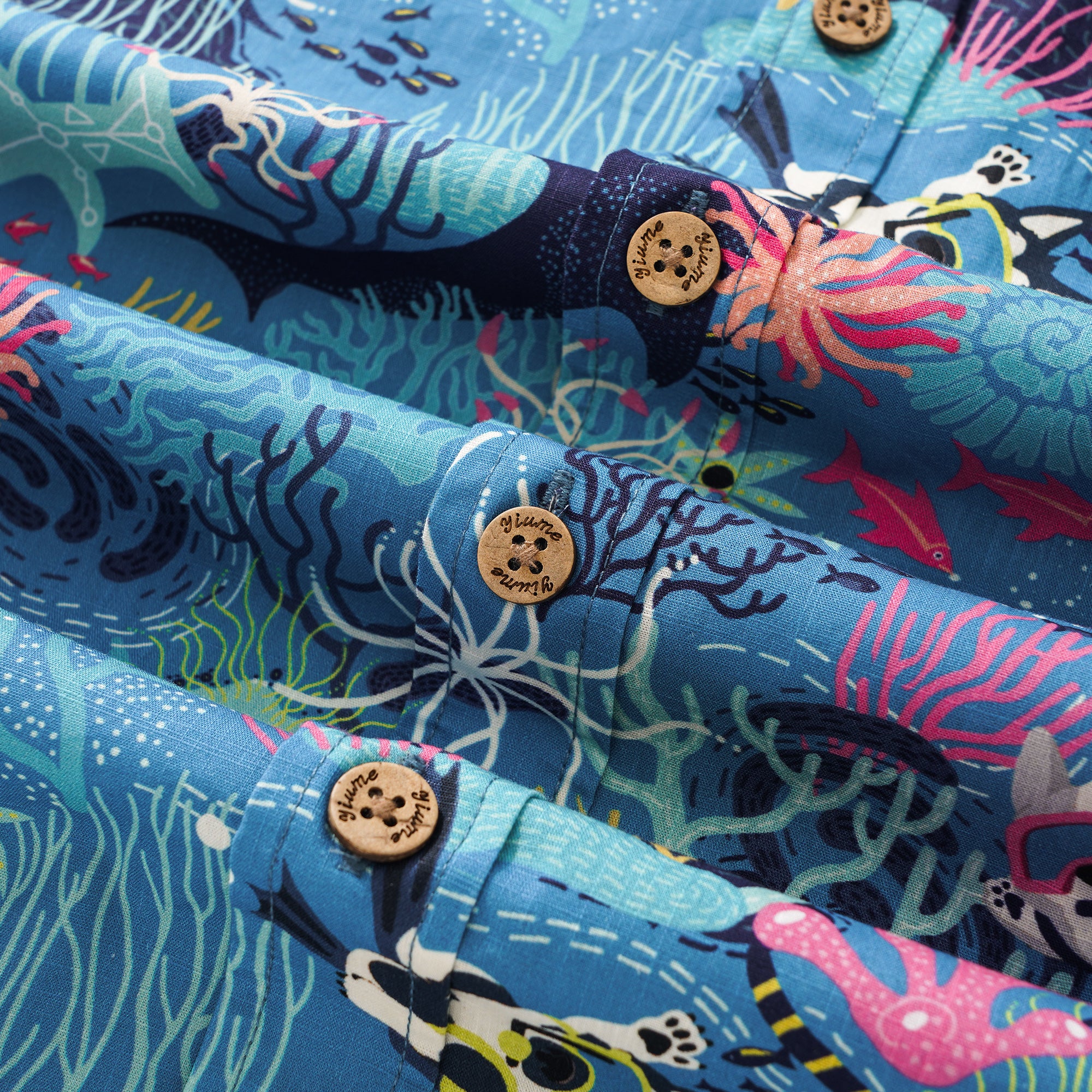 Chemise hawaïenne bleue masculine Fish & Turtle chemise à manches courtes à manches courtes 100% coton bleu aloha plongée chiot