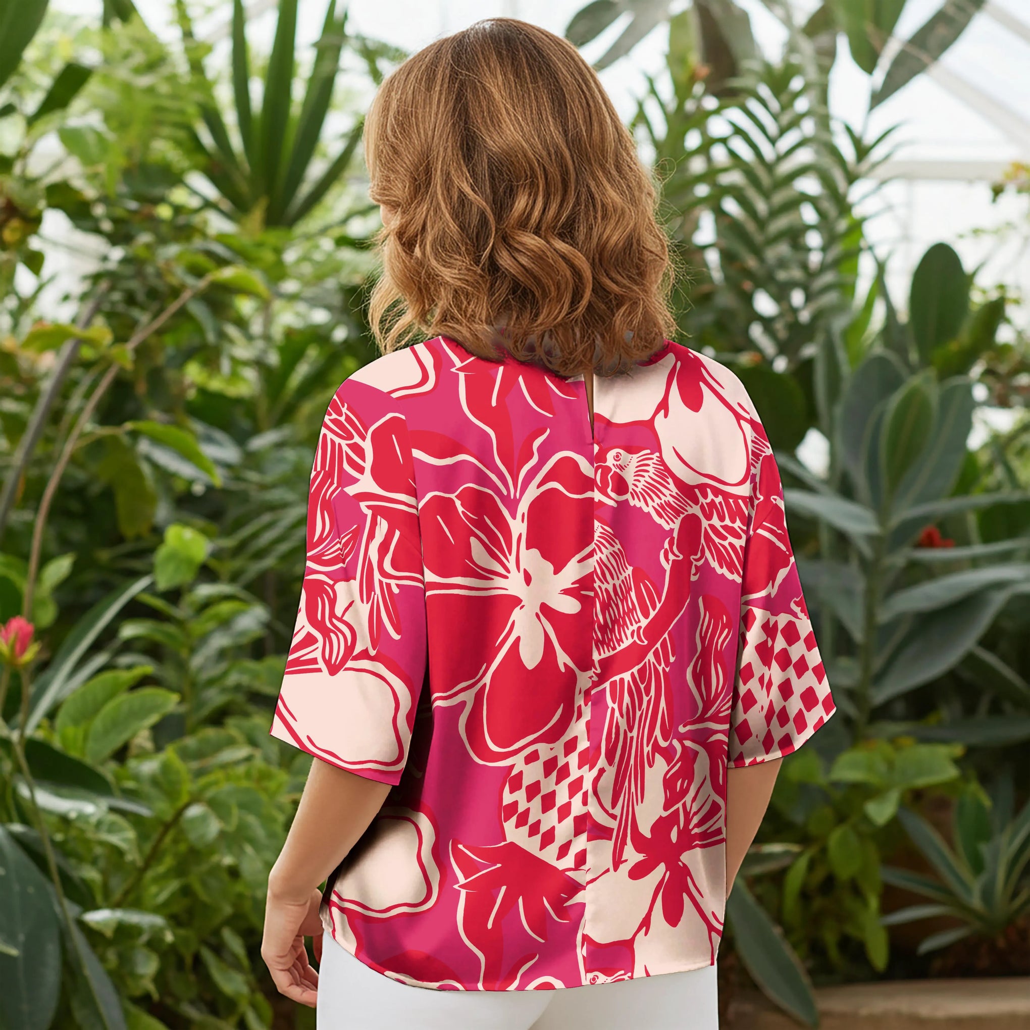 Women Casual Blouse Elbow Sleeve Round Neck Button-Back 100% Lyocell Aloha Vibrant Tropical Flowers And Birds