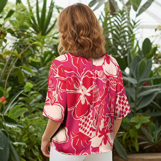 Women Casual Blouse Elbow Sleeve Round Neck Button-Back 100% Lyocell Aloha Vibrant Tropical Flowers And Birds