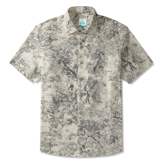 LeosWare® Men's Hawaiian Shirt Short Sleeve Button-up 100% Cotton Beige Aloha Ink Essence Of Jungle Odyssey