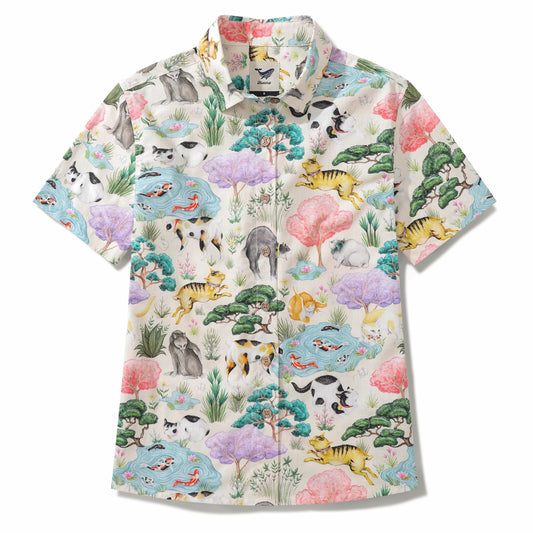 Chemise hawaïenne pour femmes Jardin de chats japonais par Catherine Rowe en coton à boutons, à manches courtes
