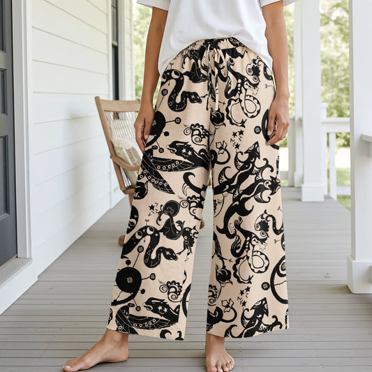 Women Casual Pants Lounge Elastic Waist Drawstring with Pockets 93% Lyocell, 7% Linen Black Aloha Mystical Star Trails