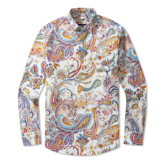 Tanz von Paisley 100% Baumwolle Herren Langarm Button-Down Hemd Weiß Aloha Hawaiian