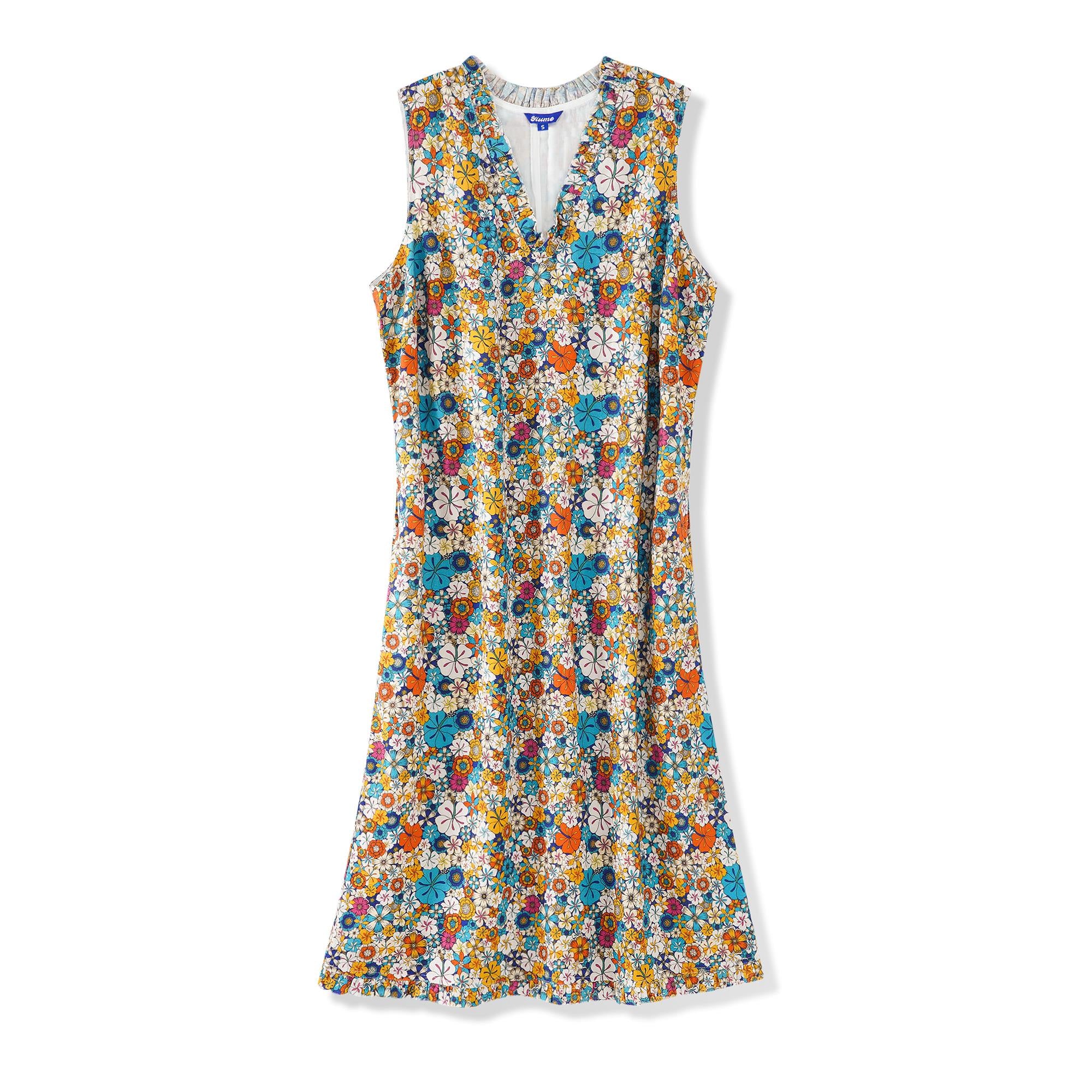 Women's Hawaiian Dress Sleeveless V-neck 55% Linen 45% Rayon Orange Aloha Hibiscus Blossom