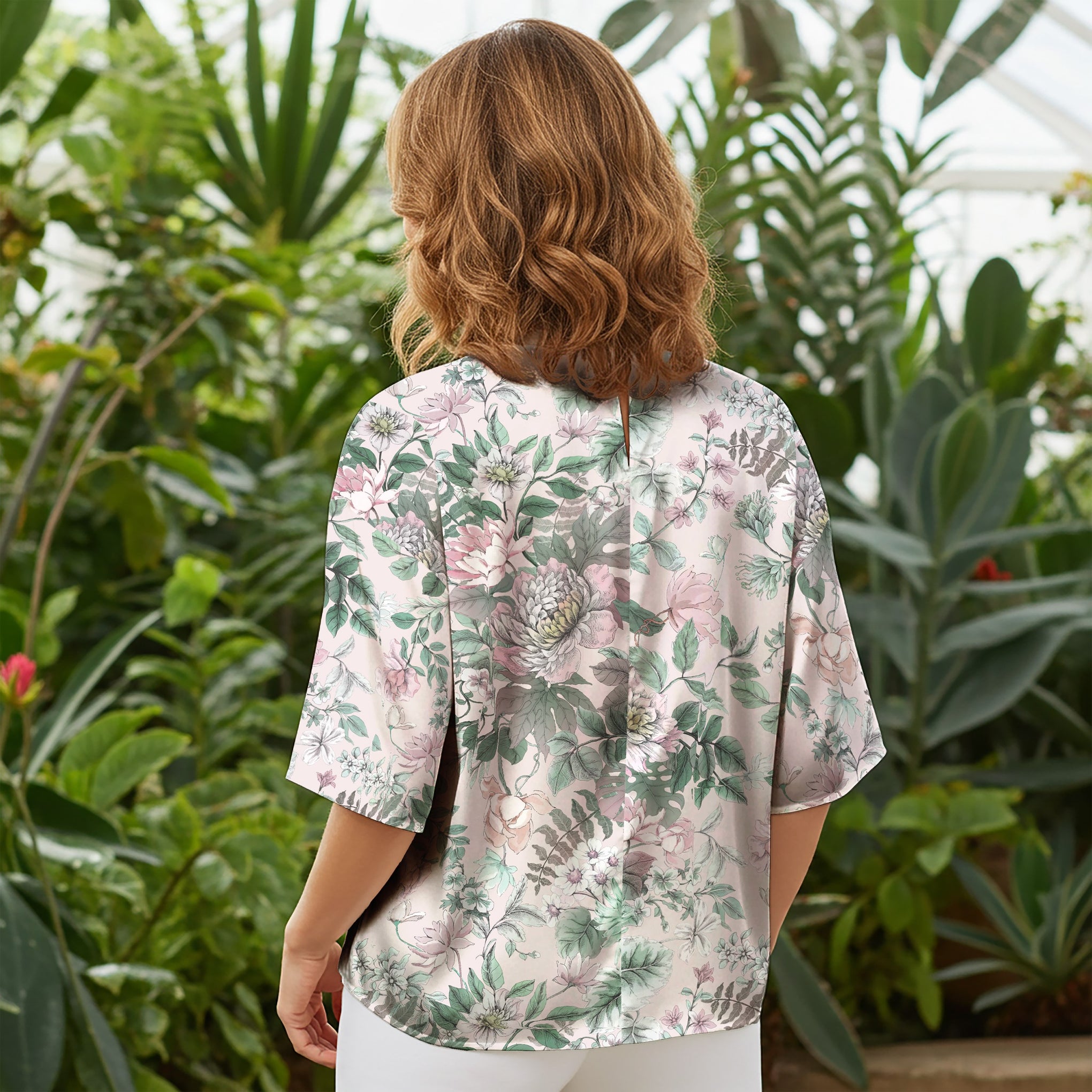 Women Casual Blouse Elbow Sleeve Round Neck Button-Back 100% Lyocell Green Aloha Soft Floral Elegance