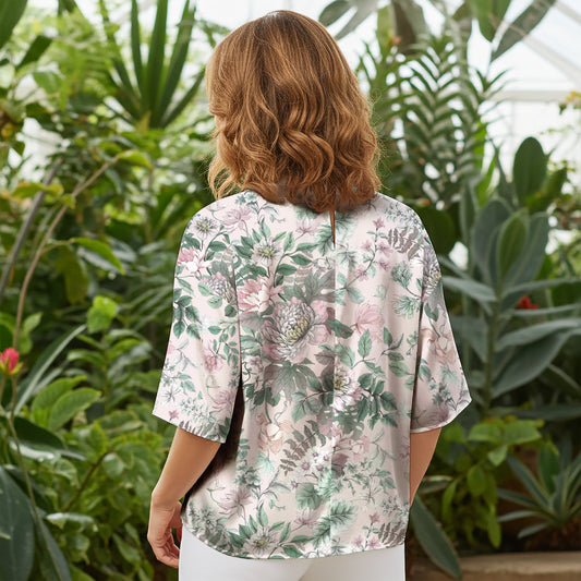 Women Casual Blouse Elbow Sleeve Round Neck Button-Back 100% Lyocell Green Aloha Soft Floral Elegance