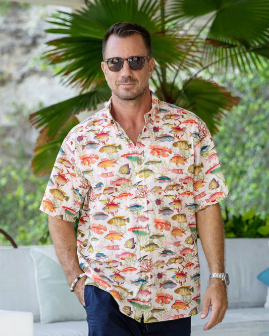 Yiume Fishing Shirt Hawaiian Shirt For Men 100% Cotton Short Sleeve Button-down Aloha Shirt