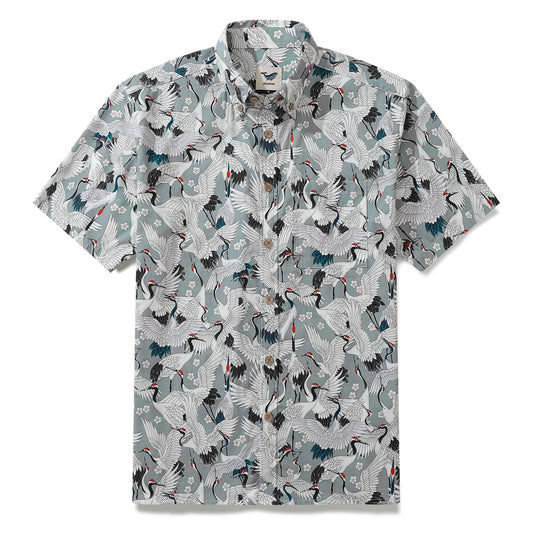 Men's Hawaiian Shirt Short Sleeve Button-down 100% Cotton Gray Aloha The Feast Of Cranes