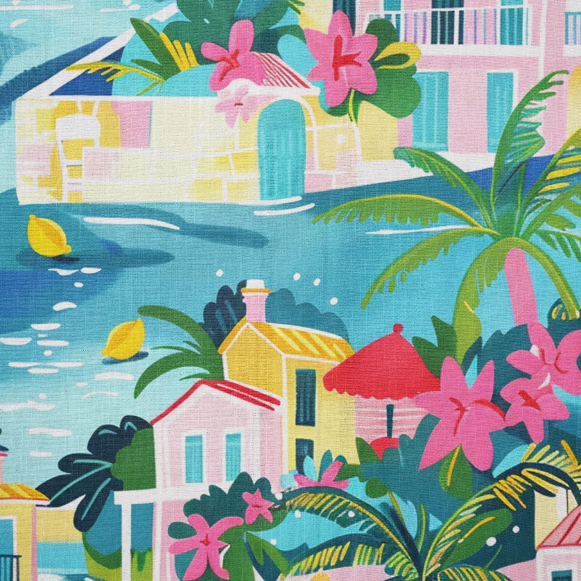 Blue aloha shirt with tropical elements, vacation wear