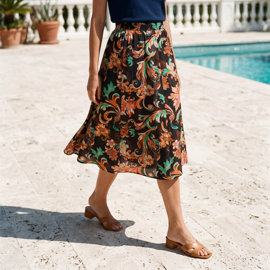 Fiery Blossoms women's art skirt, brown, elastic waist, pockets