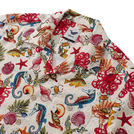 100% Silk Men's Hawaiian Shirt Marine Life Seahorse Octopus Print Camp collar Short Sleeve Aloha Shirt - Silk Marine Life - Silk
