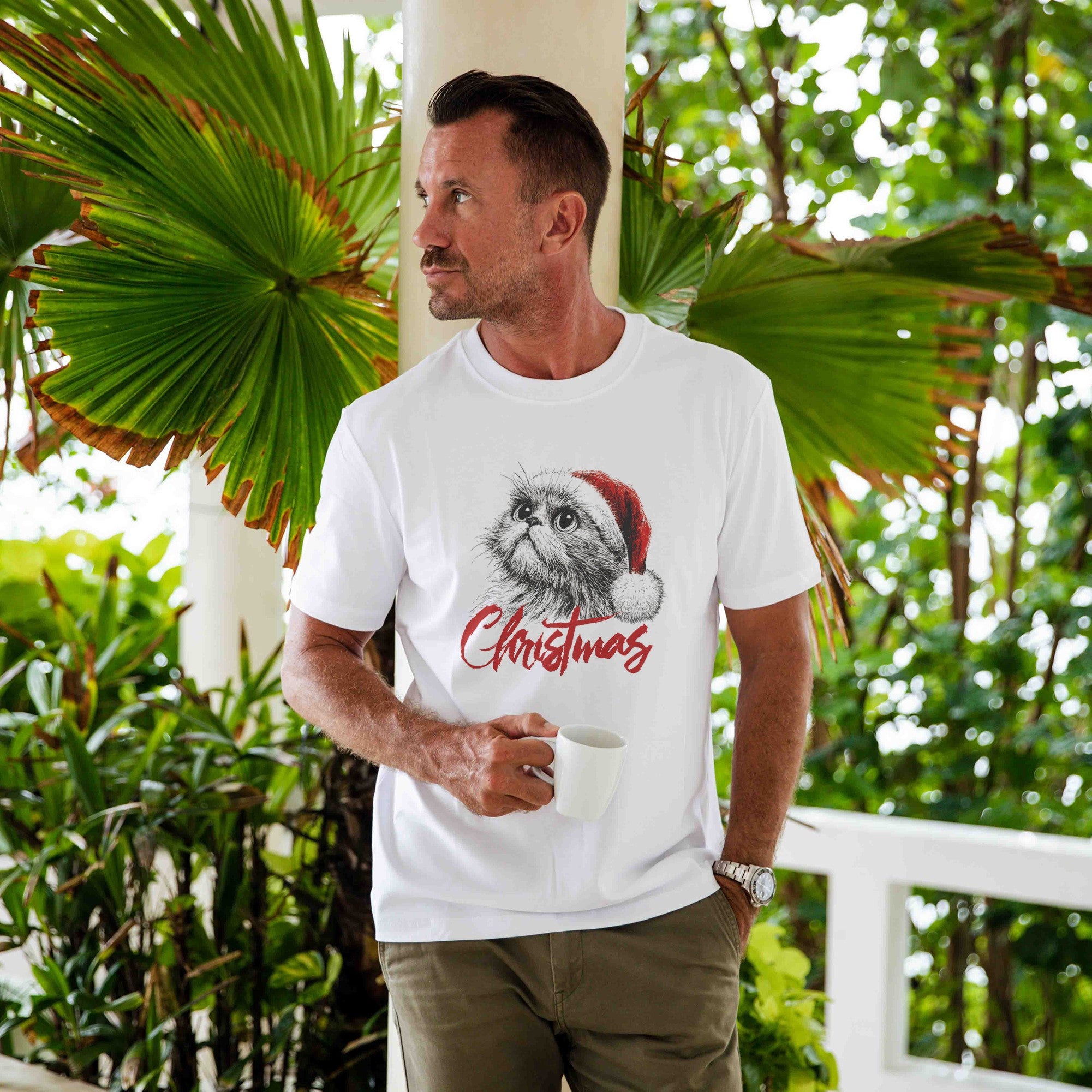 Hawaiian T -Shirt Shirt Kurzarm 100% Baumwolle Schwarz Aloha Festliche Katze Holiday Jubel - Katze Weihnachtshemd