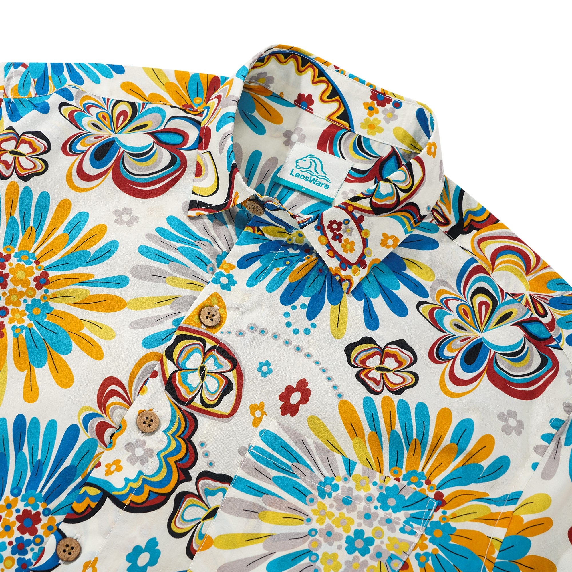 LeosWare® Men's Hawaiian Shirt Short Sleeve Button-up 100% Cotton Blue Aloha Vibrant And Colorful Artistic Flowers