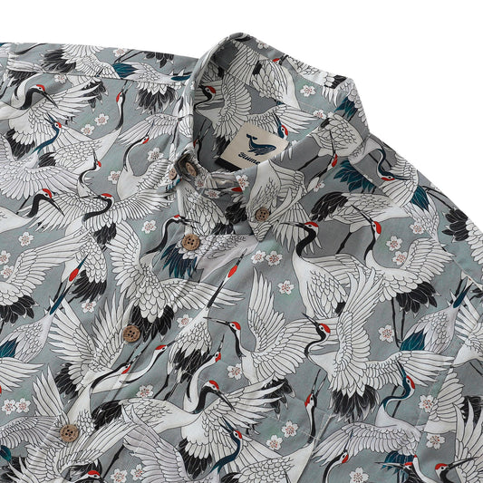 Men's Hawaiian Shirt Short Sleeve Button-down 100% Cotton Gray Aloha The Feast Of Cranes
