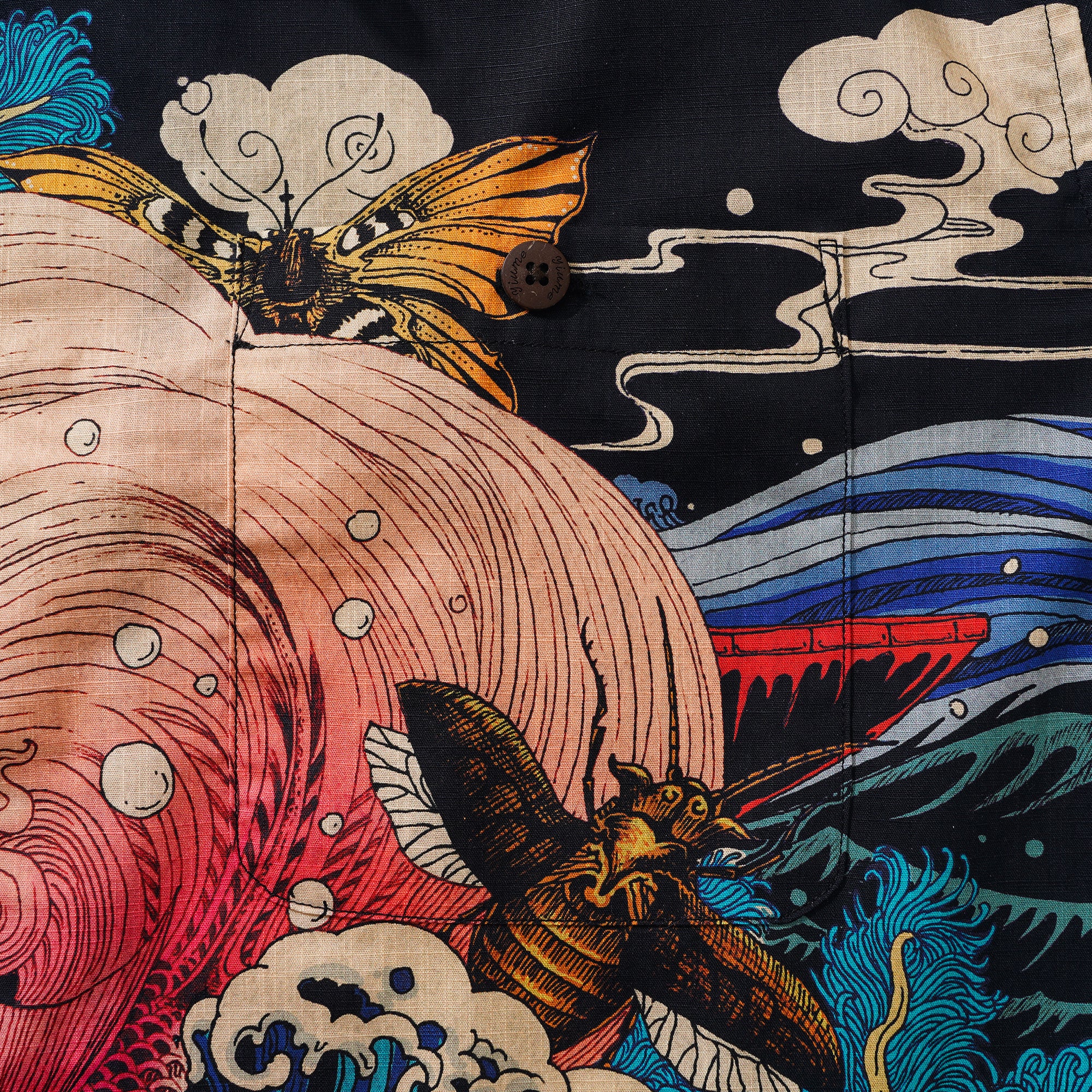 Herren Hawaiian Shirt Kurzarm Camp Kragen 100% Baumwolle Schwarz Aloha Ukiyo Nr. 3 von Rlon