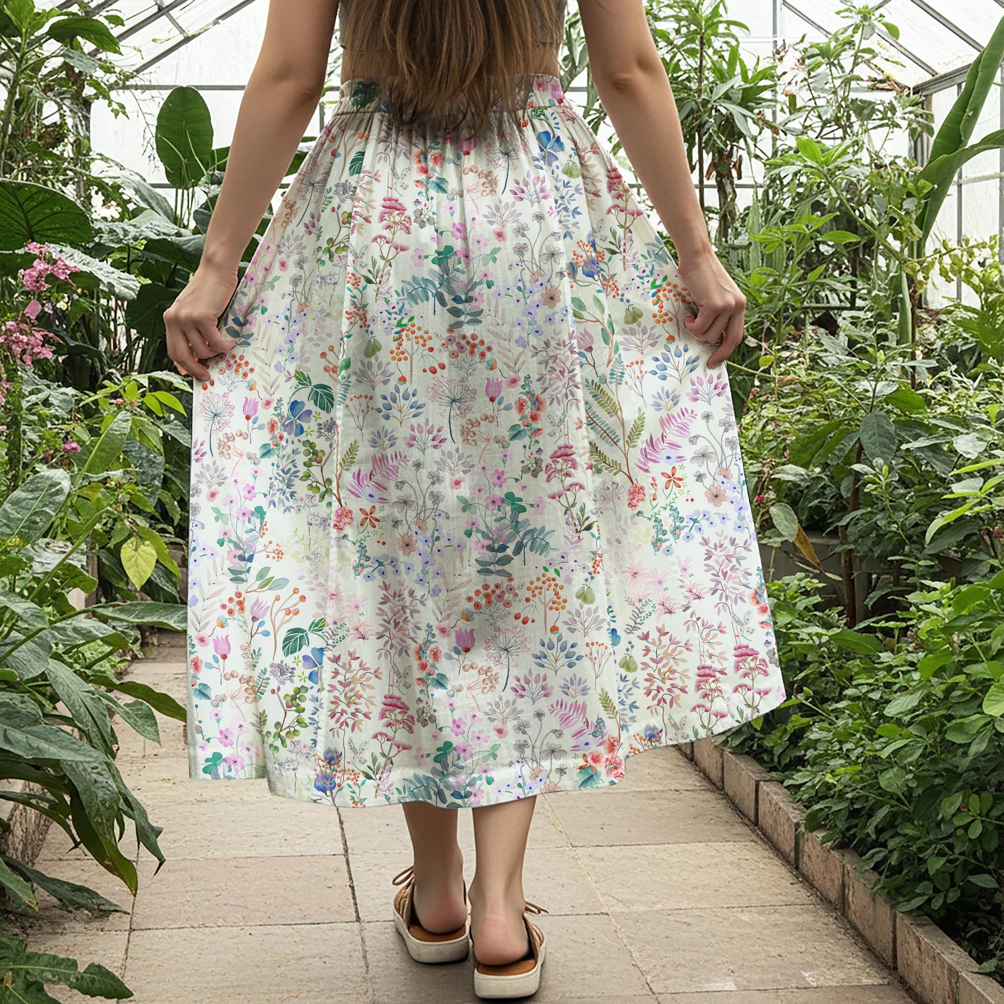 Women Casual Maxi Skirt Long Elastic Waist with Pockets 100% Cotton Aloha Botanical Haven