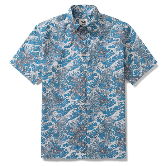 Men's Hawaiian shirt with koi waves design, button-down, short sleeve