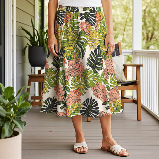 Women Casual Maxi Skirt Long Elastic Waist 100% Cotton Green Aloha Tropical Paradise