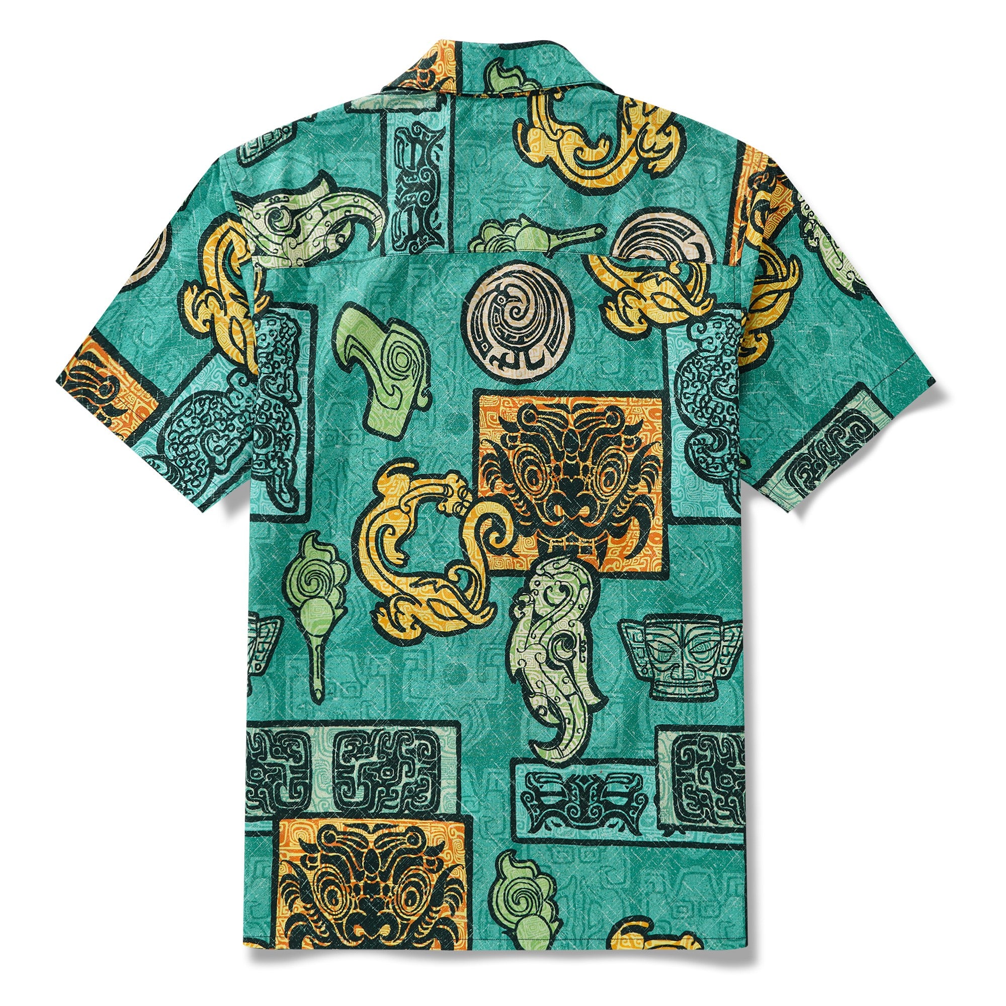 Men's Hawaiian Shirt Short Sleeve Camp Collar 100% Cotton Green Aloha Sanxingdui Sacred Hawaiian Shirt
