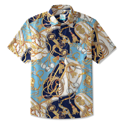 LeosWare® Men's Hawaiian Shirt Short Sleeve Button-up 100% Cotton Blue Aloha Luxury Equestrian Art