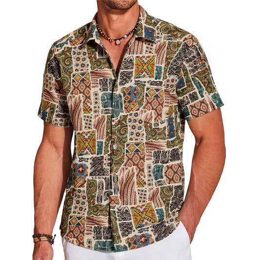 LeosWare® Men's Hawaiian Shirt Short Sleeve Button-up 100% Cotton Green Aloha Vintage Ethnic Patchwork Collection