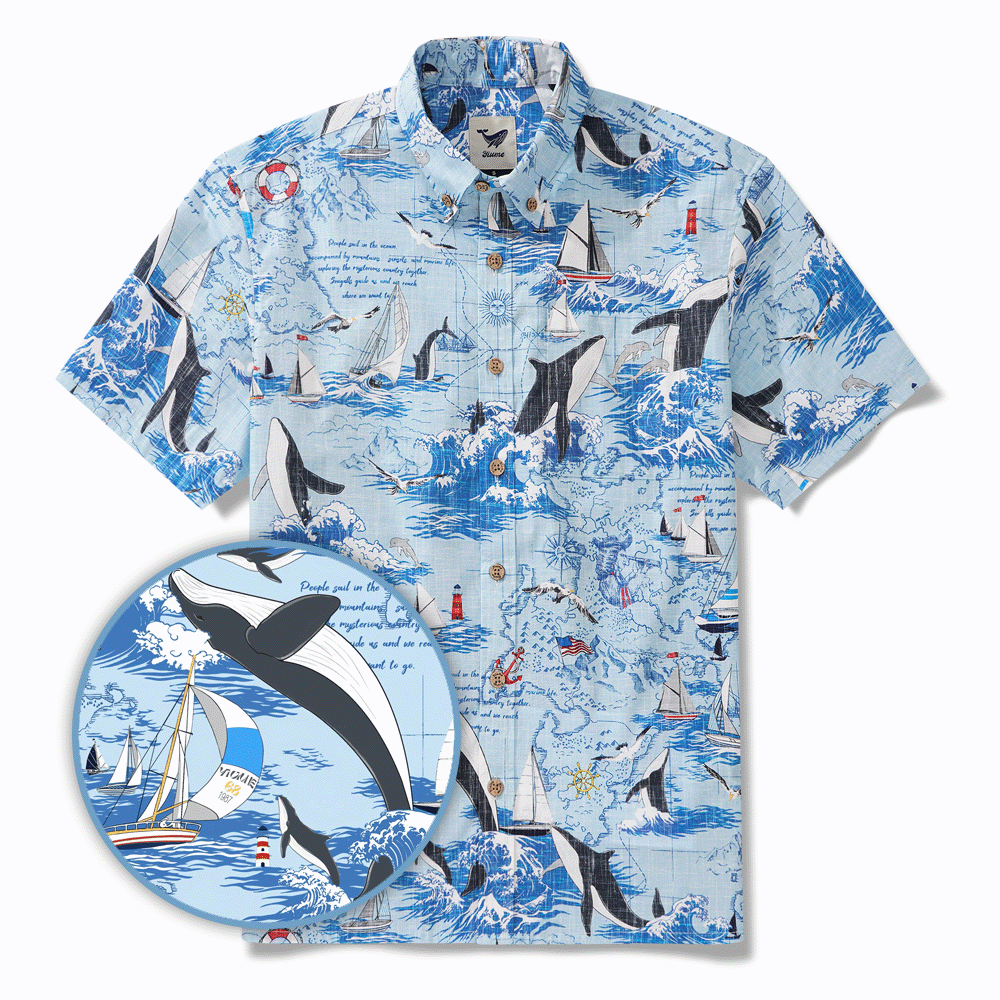 Men's Hawaiian Shirt Short Sleeve Button-down 100% Cotton White Aloha Joyful Ocean