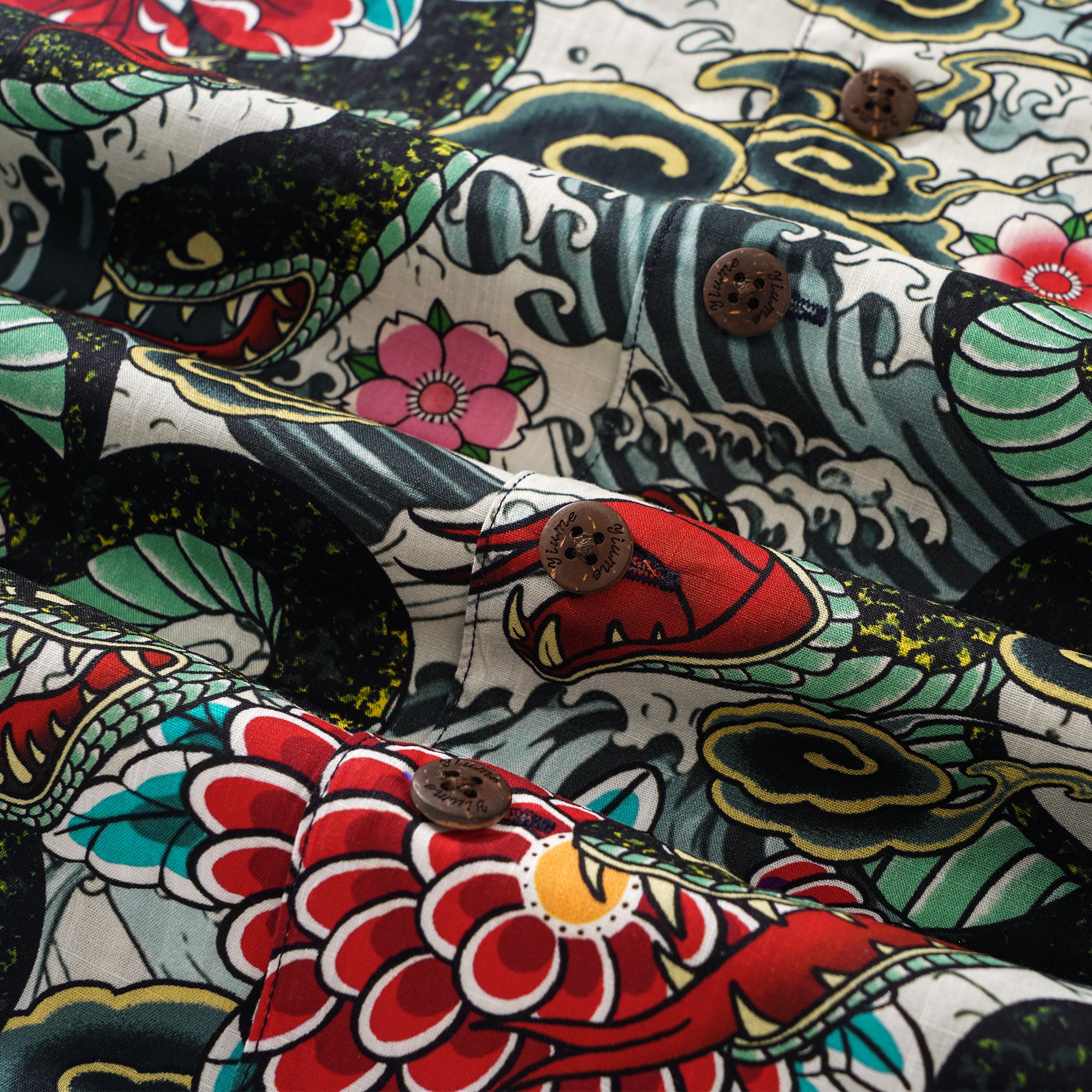 Men's Hawaiian Shirt Short Sleeve Camp Collar 100% Cotton Green Aloha Ocean Serpent Art Print